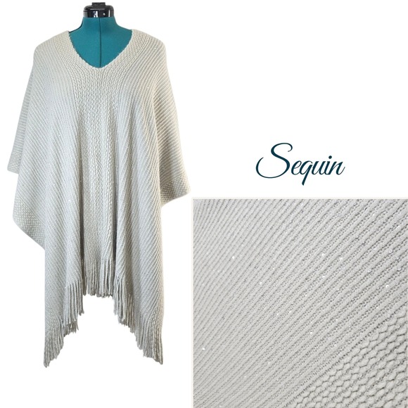 Candor NYC Sequin Embellished Knit Poncho Sweater V Neck Fringe Cream - Picture 1 of 9
